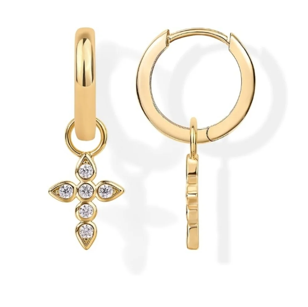 14K Gold Plated Lightweight Drop Dangle Huggie Hoop Cross Earrings
